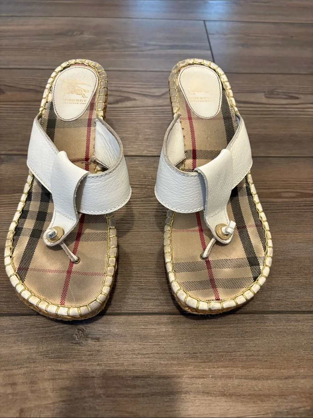Burberry White Leather Plaid-Insole Espadrille Wedge Sandal